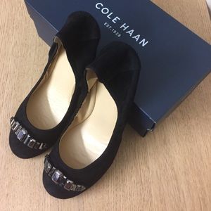 New Cole Haan Black suede flats with jewel detail